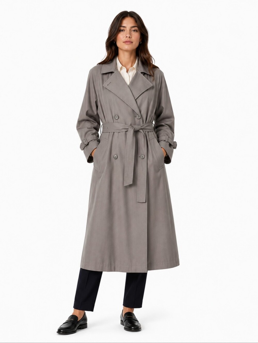 Towne London Fog Trench Coat 8P Khaki Double-Breasted Belted Wool Zip-Out Liner‎